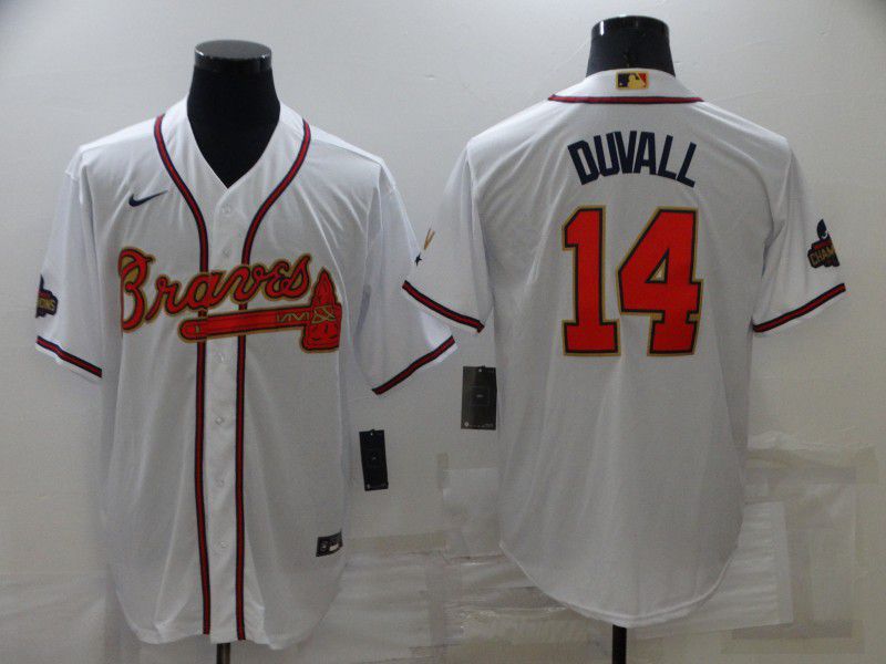 Men Atlanta Braves #14 Duvall White Gold Game Nike 2022 MLB Jersey